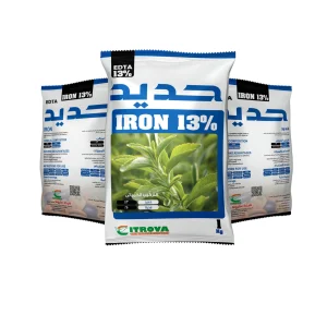 Iron 13% EDTA chelated fertilizer package with a green plant image on the front