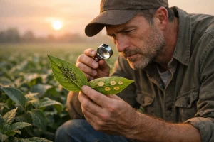 مزارع يشخص أوراق النباتات للتمييز بين تلف الحشرات والعدوى الفطرية في حقل المحاصيل