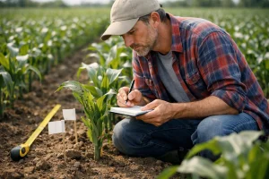 مزارع يفحص نسبة الإصابة الحشرية داخل الحقل لحساب الحد الاقتصادي قبل اتخاذ قرار رش المبيد