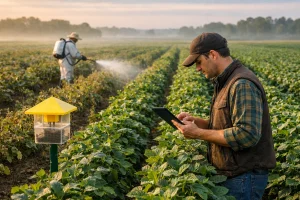 مزارع يدير برنامج مكافحة متكامل للمحاصيل يشمل المراقبة والرش والتغذية داخل الحقل الزراعي