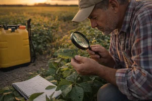 مزارع يفحص أوراق المحصول المصابة بالحشرات قبل اتخاذ قرار استخدام المبيد الحشري