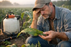 مزارع يفحص أوراق محصول متضررة بعد استخدام مبيد حشري دون نتيجة فعالة
