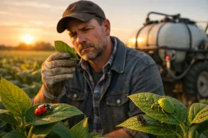 مزارع يفحص نباتات في الحقل بعد الرش مع استمرار وجود حشرات تمثل مقاومة الآفات للمبيدات