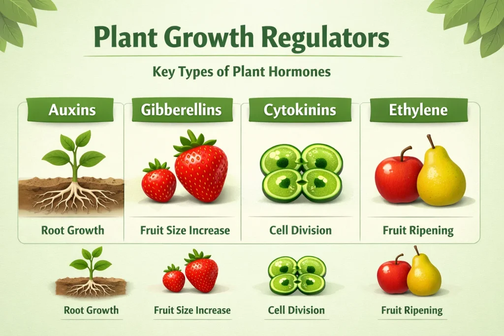 أنواع منظمات النمو النباتية مثل الأوكسينات والجبريلينات والسيتوكينينات