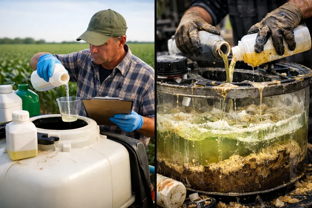 A farmer mixes pesticides inside a spray tank; a comparison between correct and incorrect mixing shows the precipitation of materials.