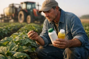 مزارع يفحص أوراق نبات مصابة بالحشرات قبل اختيار المبيد المناسب لمكافحة الآفة