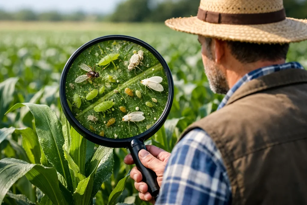 A farmer examines plant leaves with a magnifying glass to detect insect pests early in the field.