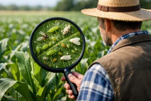 مزارع يفحص أوراق النباتات بعدسة مكبرة لاكتشاف الآفات الحشرية مبكرًا في الحقل