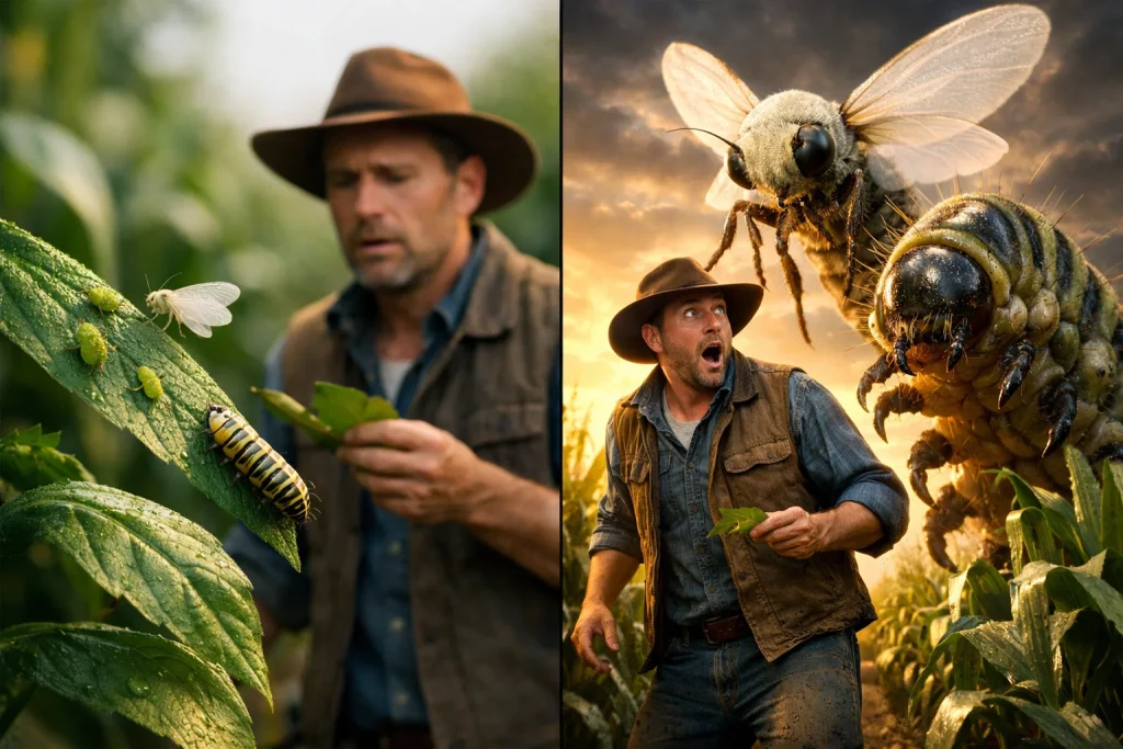 A surprised farmer compares the size of large insect pests with the crop in an educational scene.