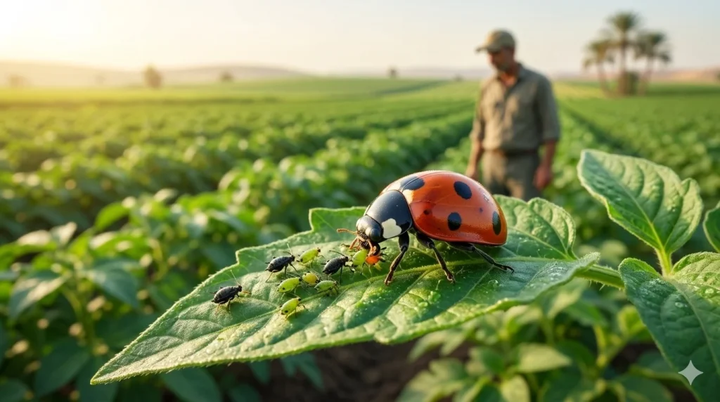 A ladybird feeds on an aphid on a plant leaf in an example of biological control of agricultural pests.