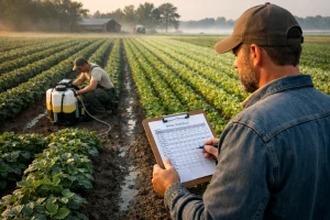 مزارع يضع جدول رش المحاصيل ويخطط للمعاملات داخل الحقل الزراعي بطريقة منظمة