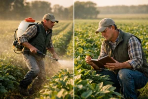 مزارع يوازن بين إعادة الرش فورًا والانتظار حسب فترة الأمان بين الرشات داخل الحقل الزراعي